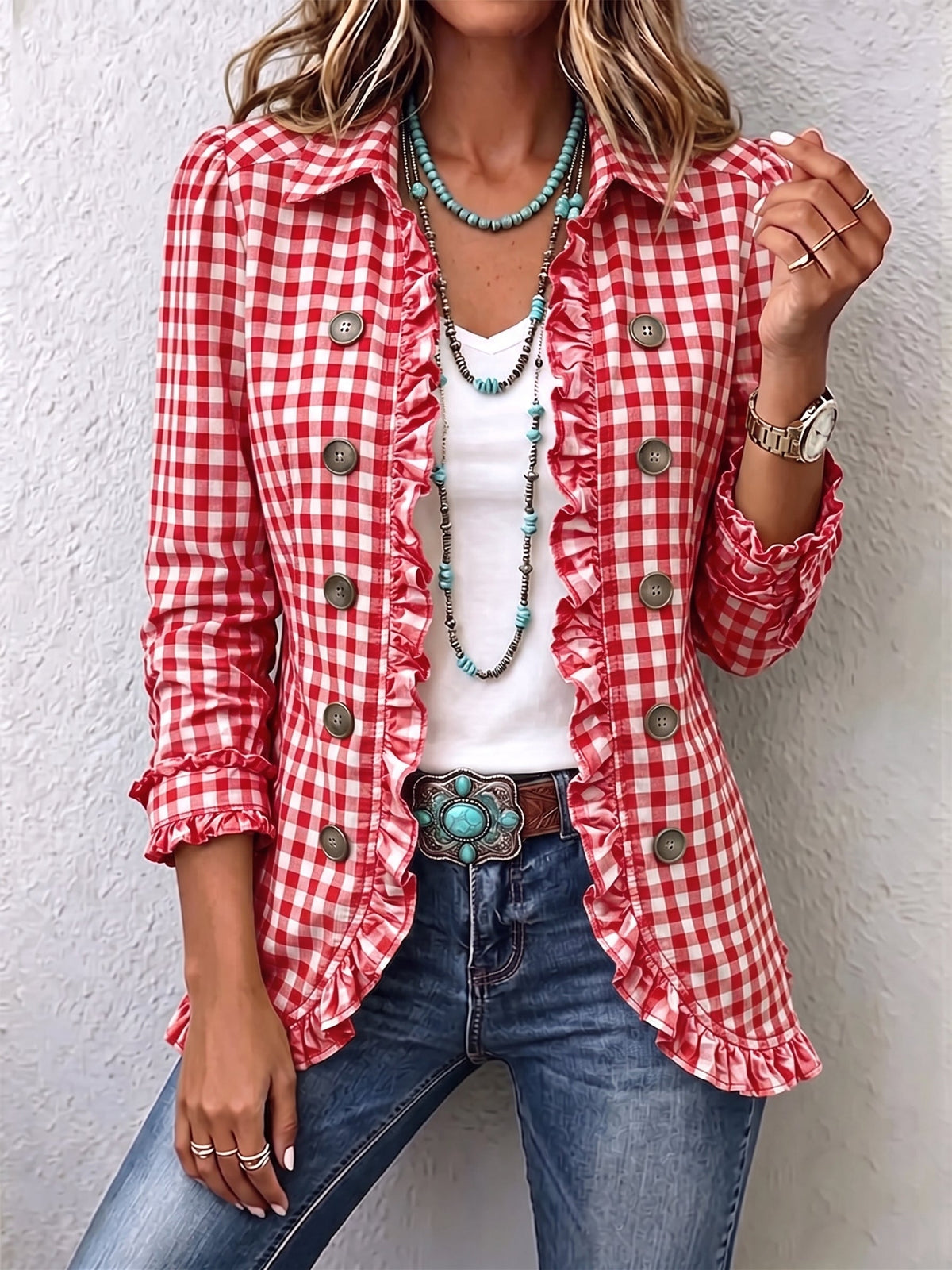 Tullia | Elegante chaqueta de cuadros con refinados volantes