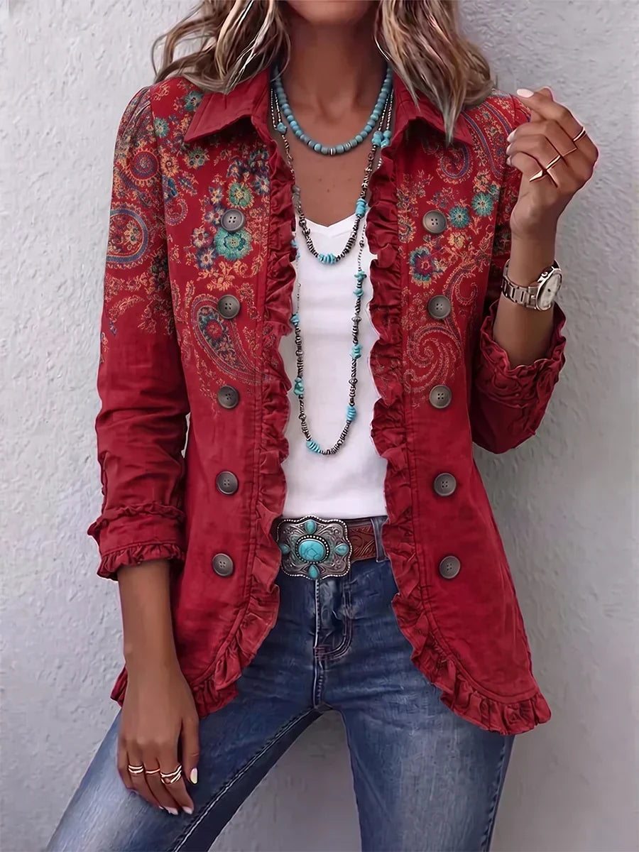 Norina | Elegante chaqueta estampada con refinados volantes