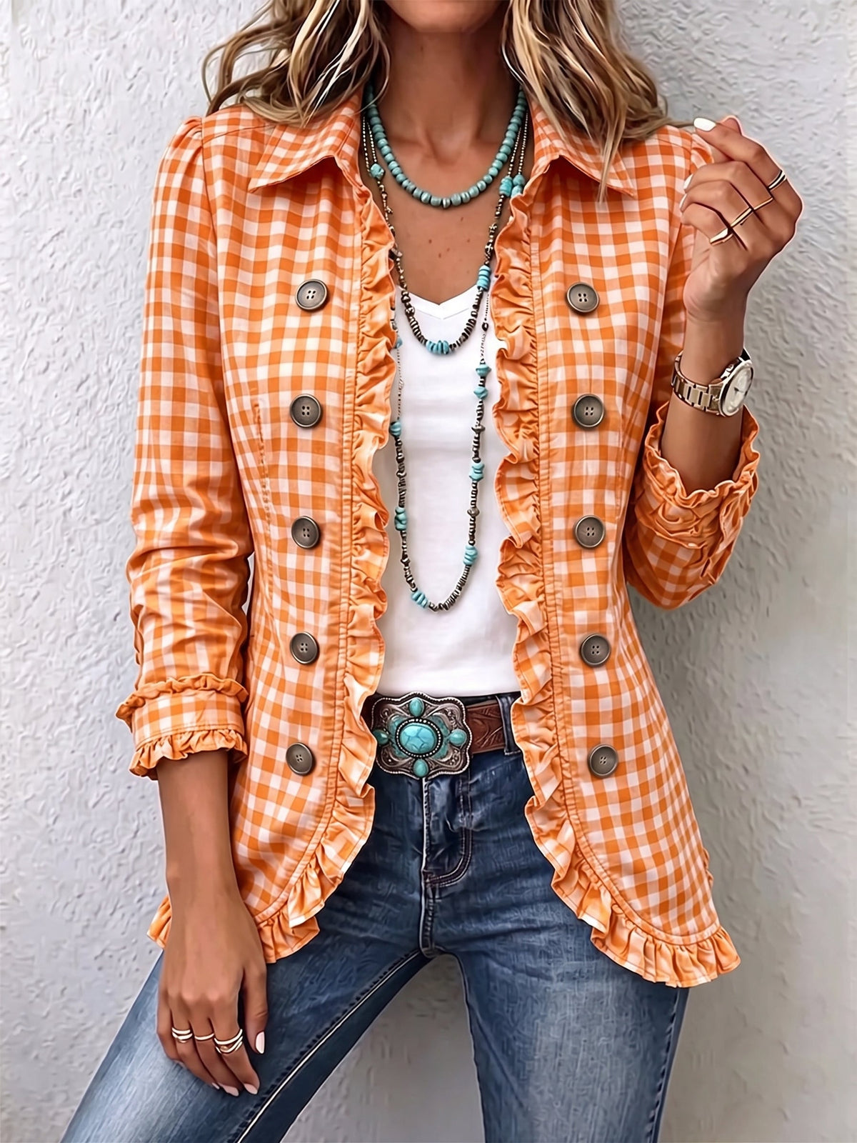 Tullia | Elegante chaqueta de cuadros con refinados volantes