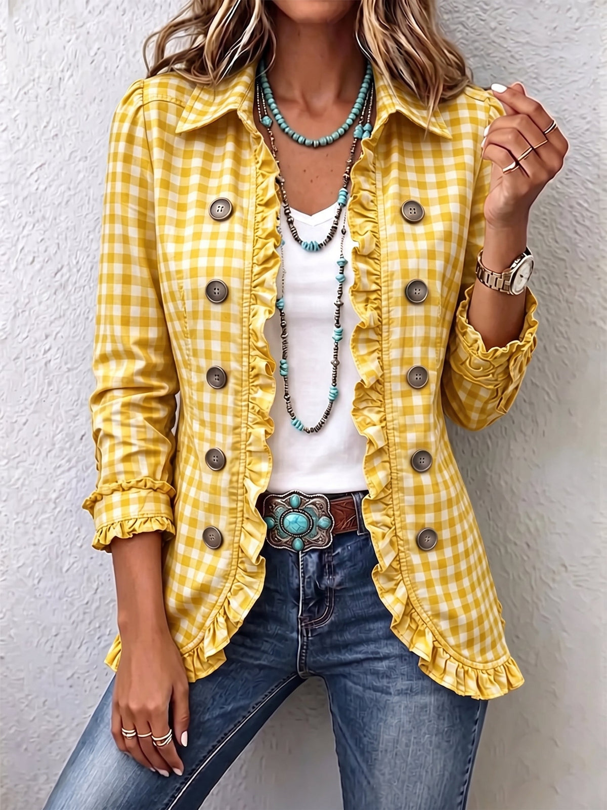 Tullia | Elegante chaqueta de cuadros con refinados volantes