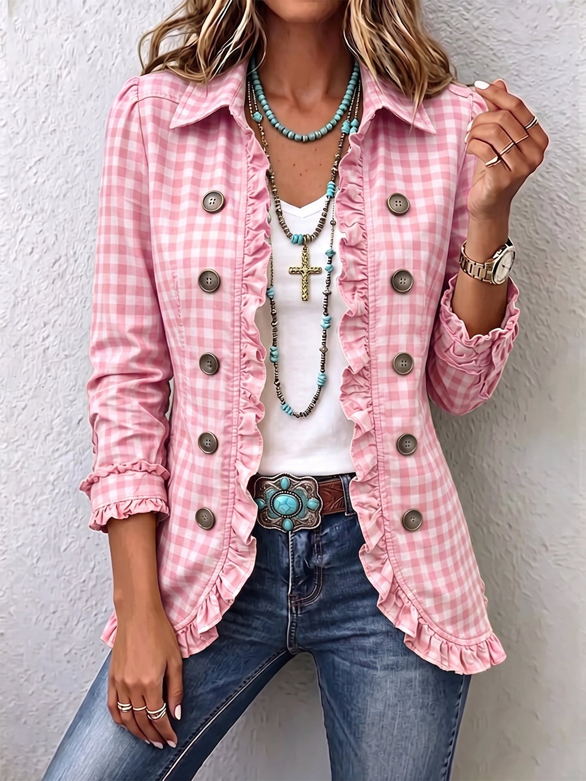 Tullia | Elegante chaqueta de cuadros con refinados volantes