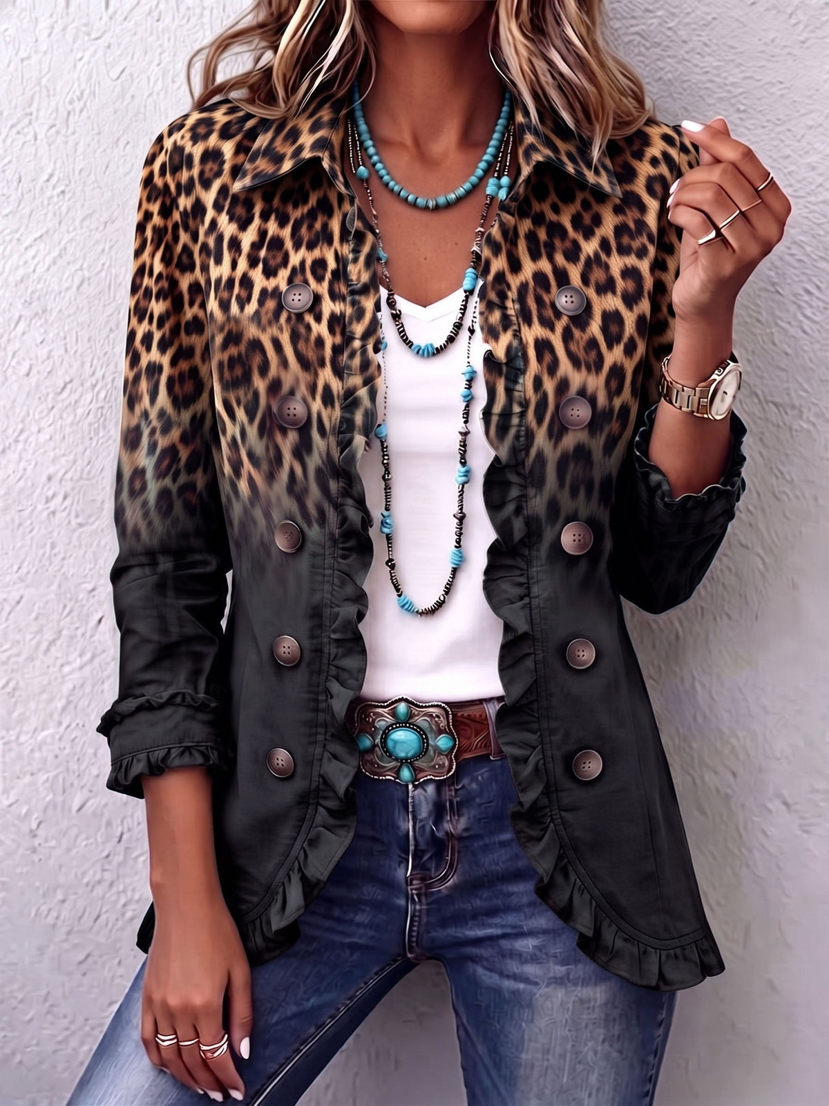 Nicole | Chaqueta Animal Print con Volante Elegante y Refinada